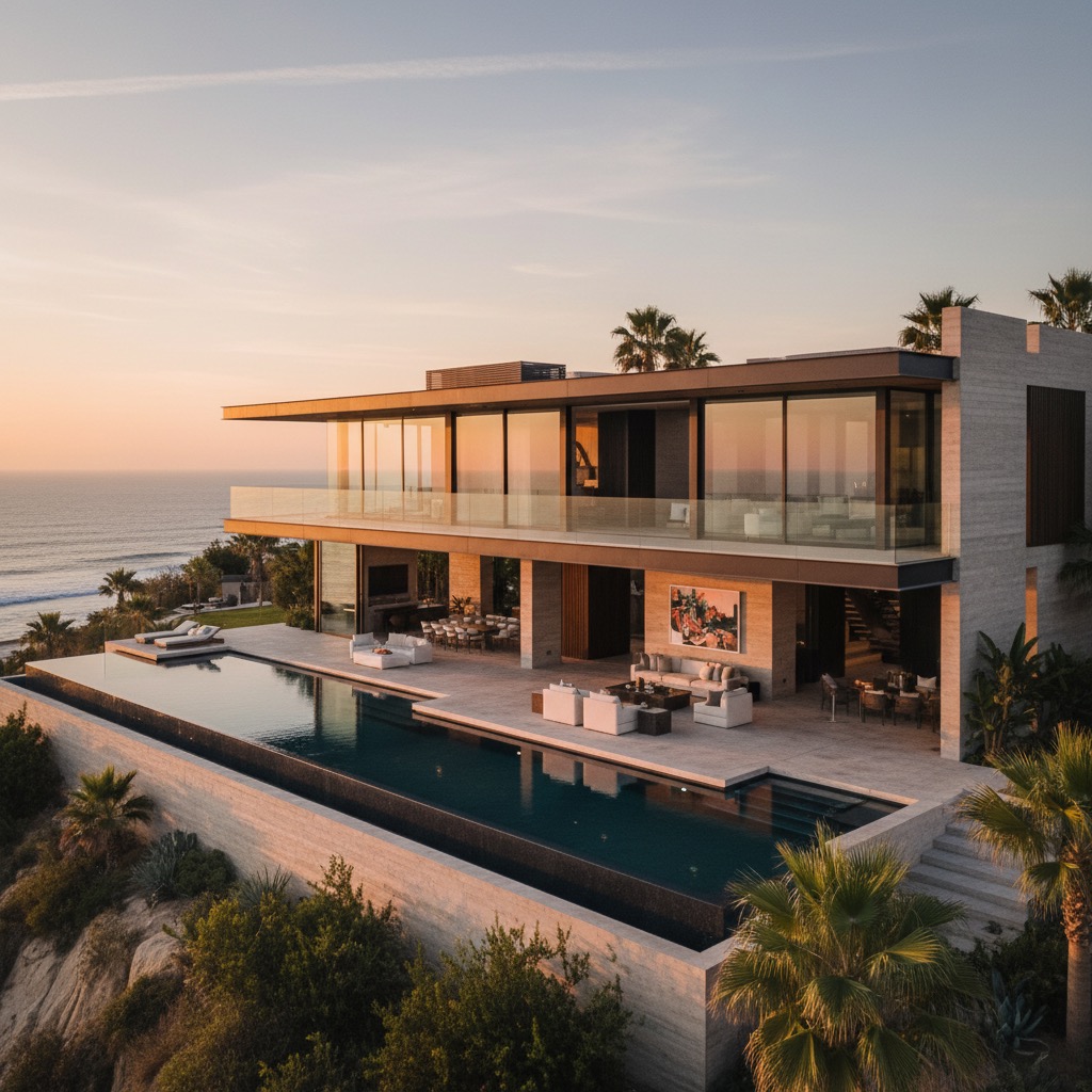 Residencia moderna de lujo con piscina infinita frente al mar durante el atardecer.