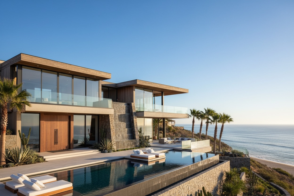 Residencia moderna de lujo con alberca infinita frente al mar y palmeras bajo un cielo despejado.